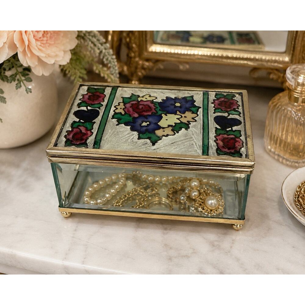 1995 Joan Baker Designs Glass Trinket Box Floral Stained Glass Style Brass Tone